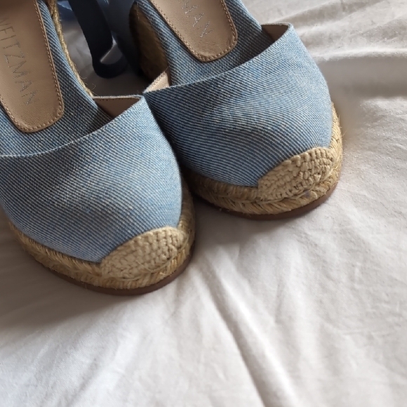 Stuart Weitzman Light Blue Denim Espadrille Wedge Sandals with Ankle Wraps - Picture 8 of 8